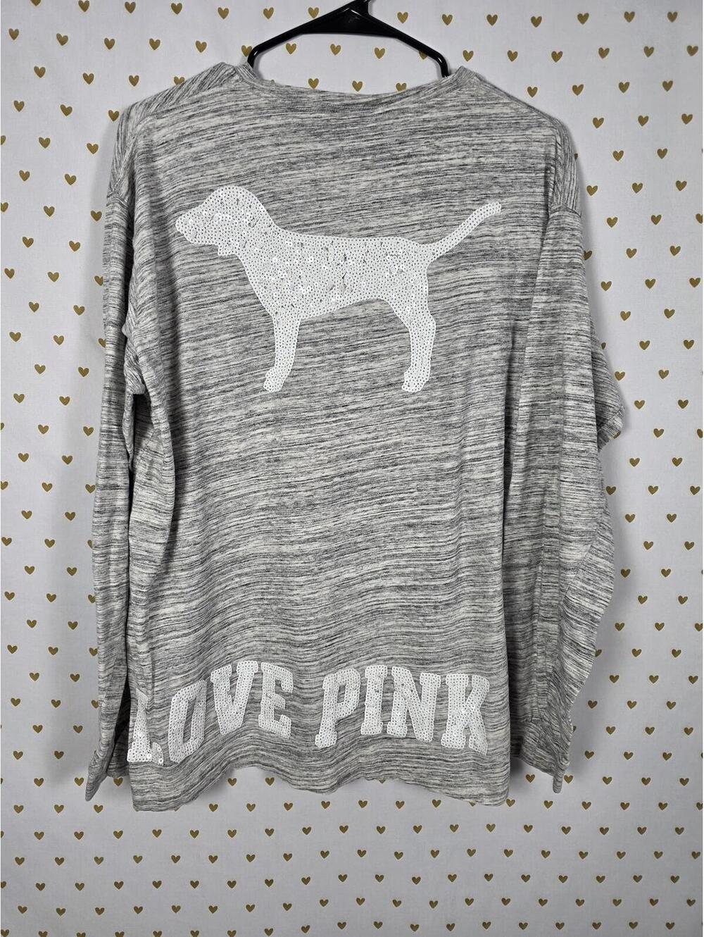 Victorias Secret PINK BLING dog Logo Long sleeve haethered tee shirt LARGE